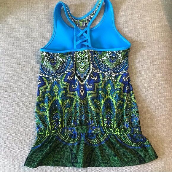 Athleta Blue Green Paisley Drawstring Racerback Swim Top - Picture 6 of 13